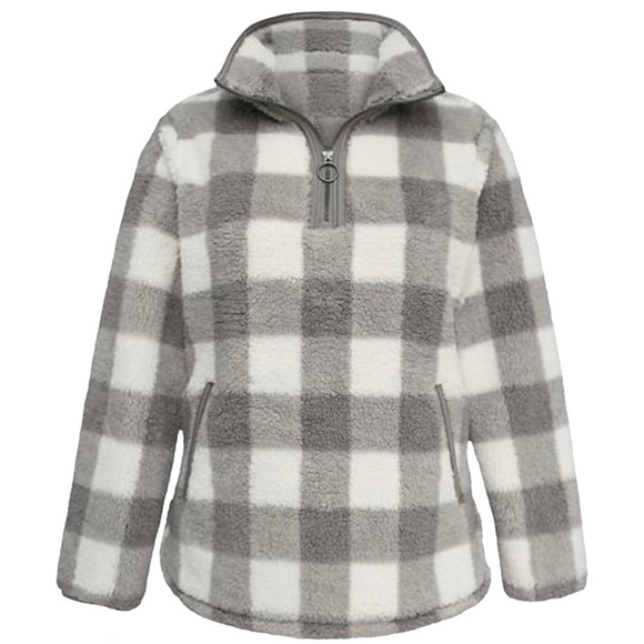 Cozy Sherpa gray white gingham checkered pullover - Picture 1 of 5